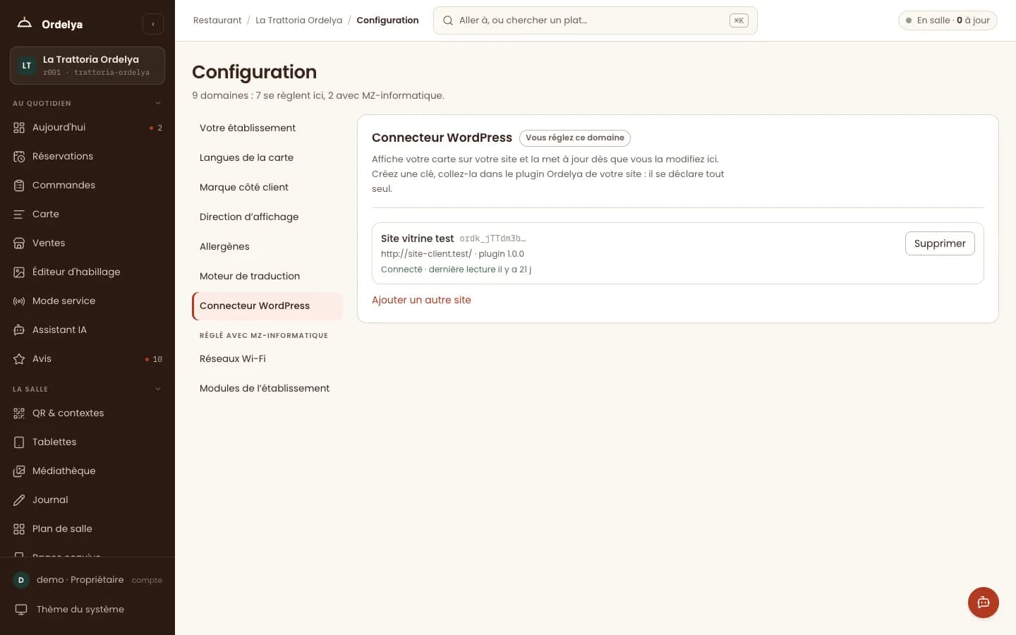 Configuration du connecteur WordPress : site relié par une clé, version du plugin, état de la connexion et lien pour ajouter un autre site.