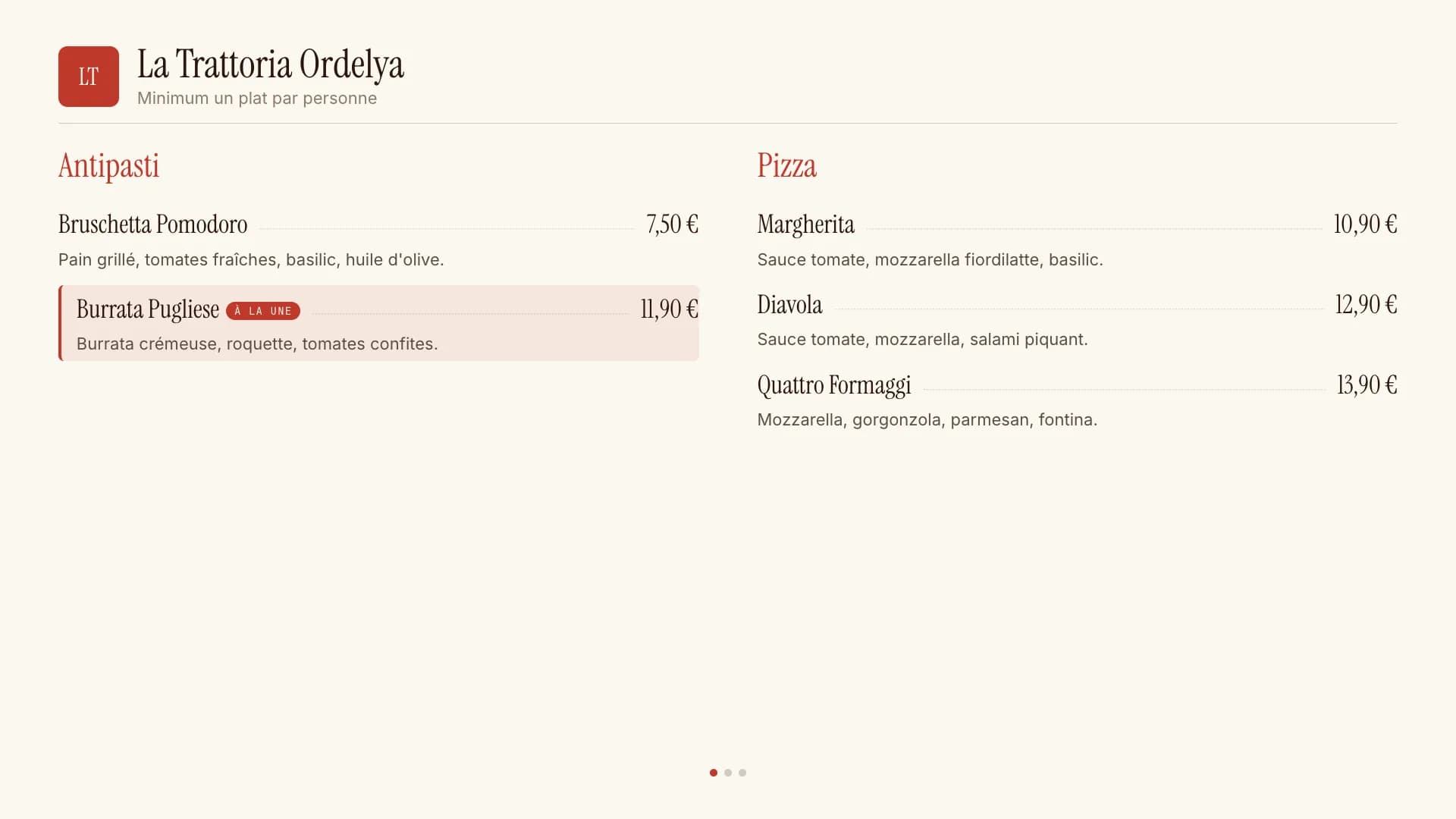 Écran d'affichage dynamique en plein écran : la carte en deux colonnes, antipasti et pizzas avec leurs prix, la burrata mise en avant par un bandeau « À la une ».