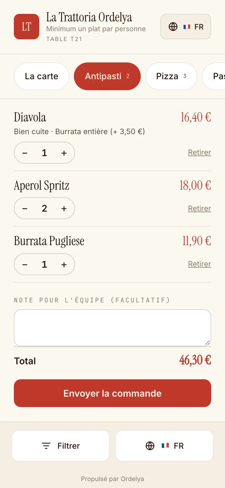 Panier du convive sur smartphone : Diavola avec ses options, deux Aperol Spritz et une burrata, quantités modifiables, note pour l'équipe, total de 46,30 € et bouton « Envoyer la commande ».