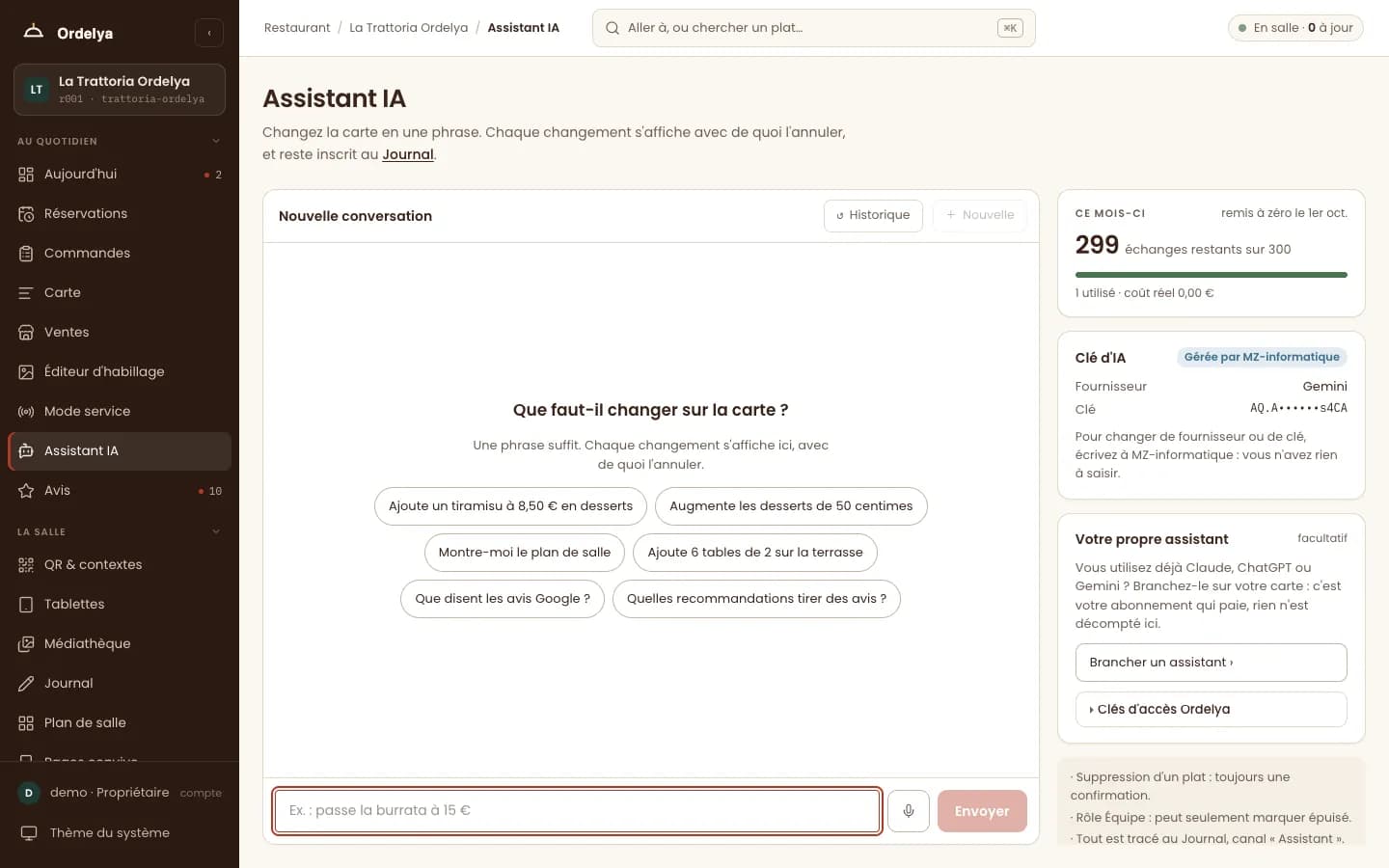 Assistant IA de la console : champ pour modifier la carte en une phrase, exemples de demandes, compteur d'échanges restants du mois et accès à son propre assistant.