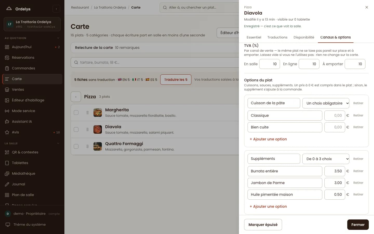 Fiche du plat Diavola, onglet Canaux et options : TVA réglée par canal (en salle, en ligne, à emporter), choix obligatoire de cuisson de la pâte et suppléments payants comme la burrata à 3,50 €.